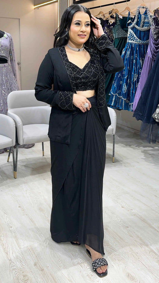Black crop top dhoti with jacket in georgette with pearl & tube