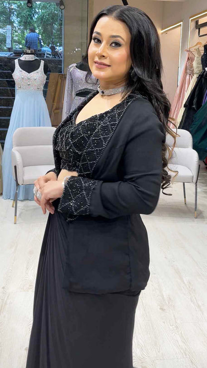 Black crop top dhoti with jacket in georgette with pearl & tube