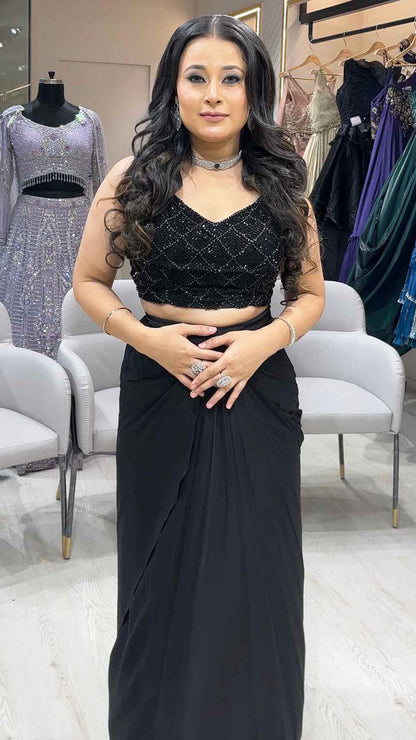 Black crop top dhoti with jacket in georgette with pearl & tube