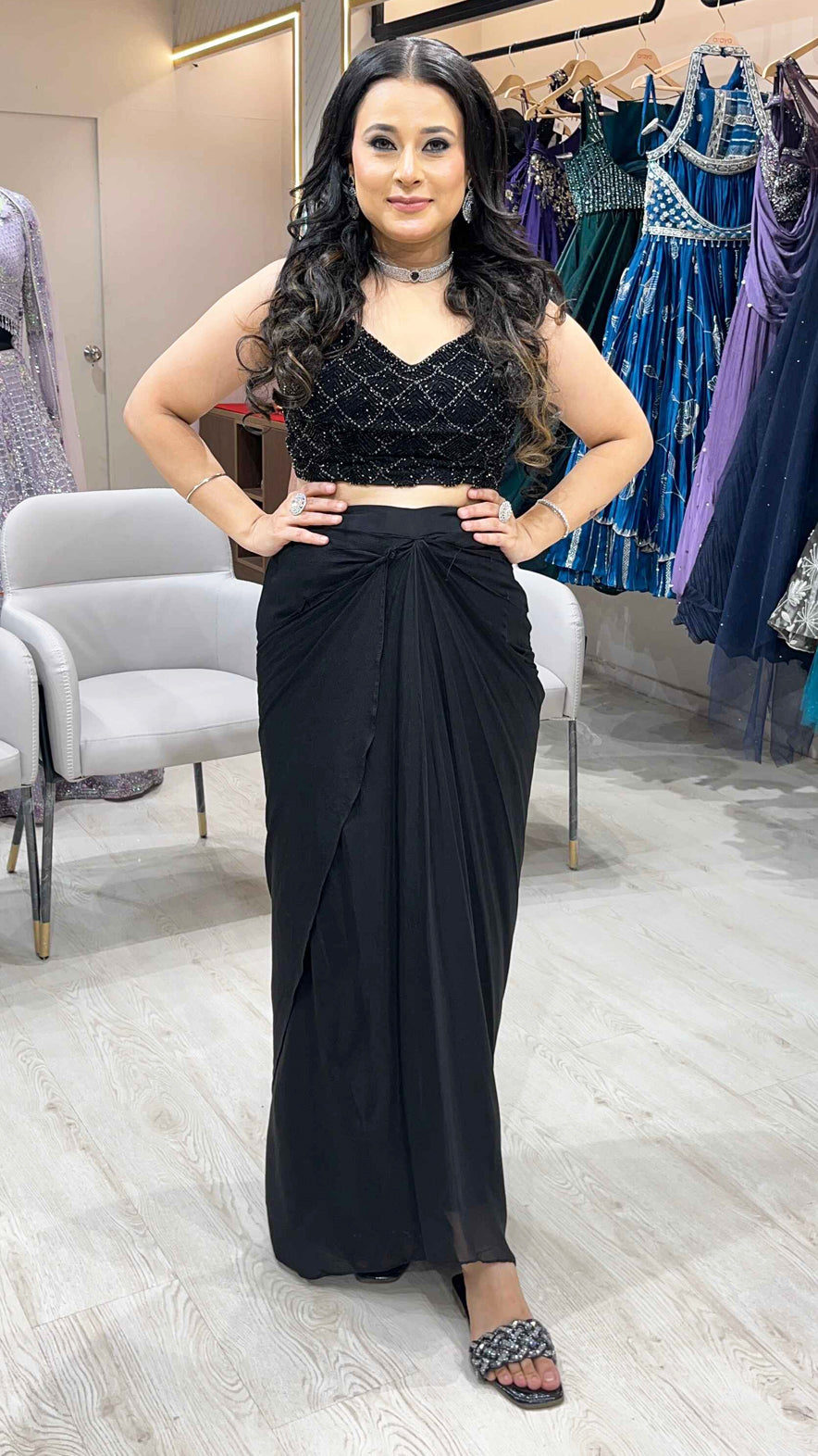 Black crop top dhoti with jacket in georgette with pearl & tube