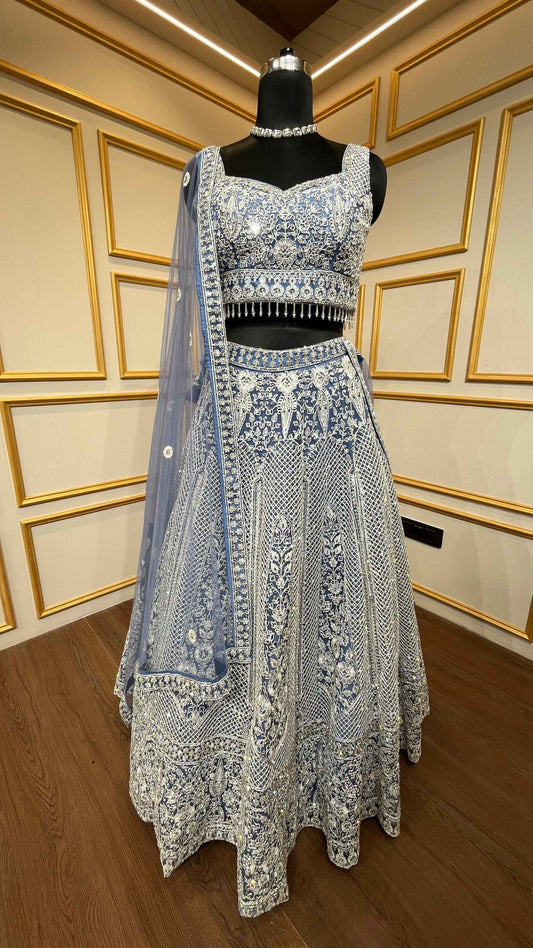 Powder blue lehenga choli in net with thread & zarkan