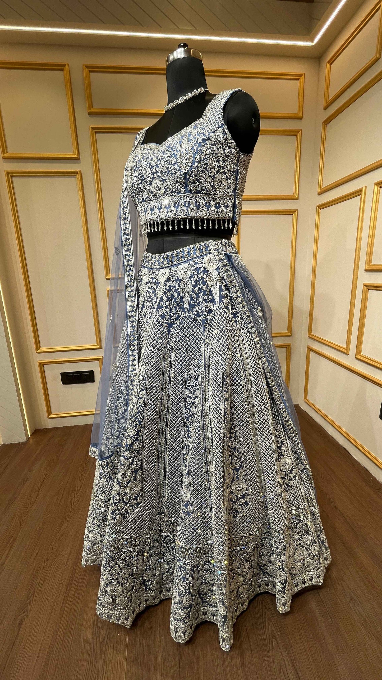 Powder blue lehenga choli in net with thread & zarkan