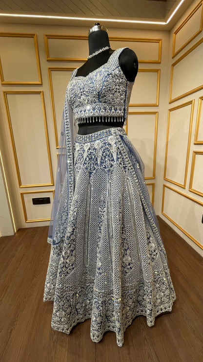 Powder blue lehenga choli in net with thread & zarkan