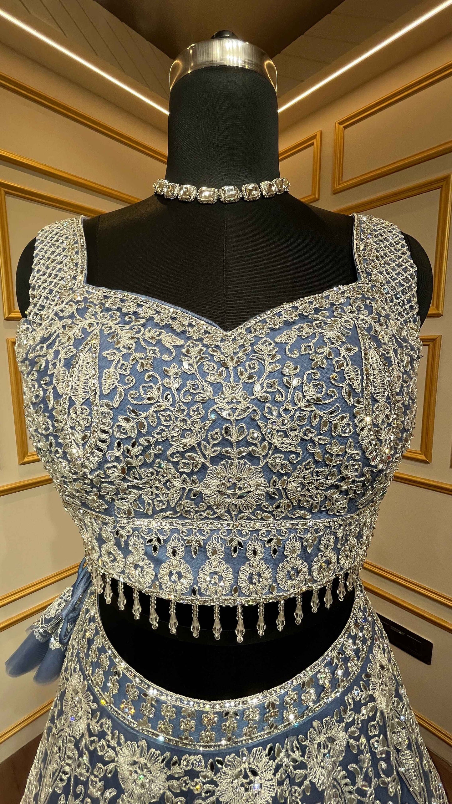 Powder blue lehenga choli in net with thread & zarkan