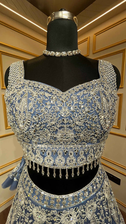 Powder blue lehenga choli in net with thread & zarkan