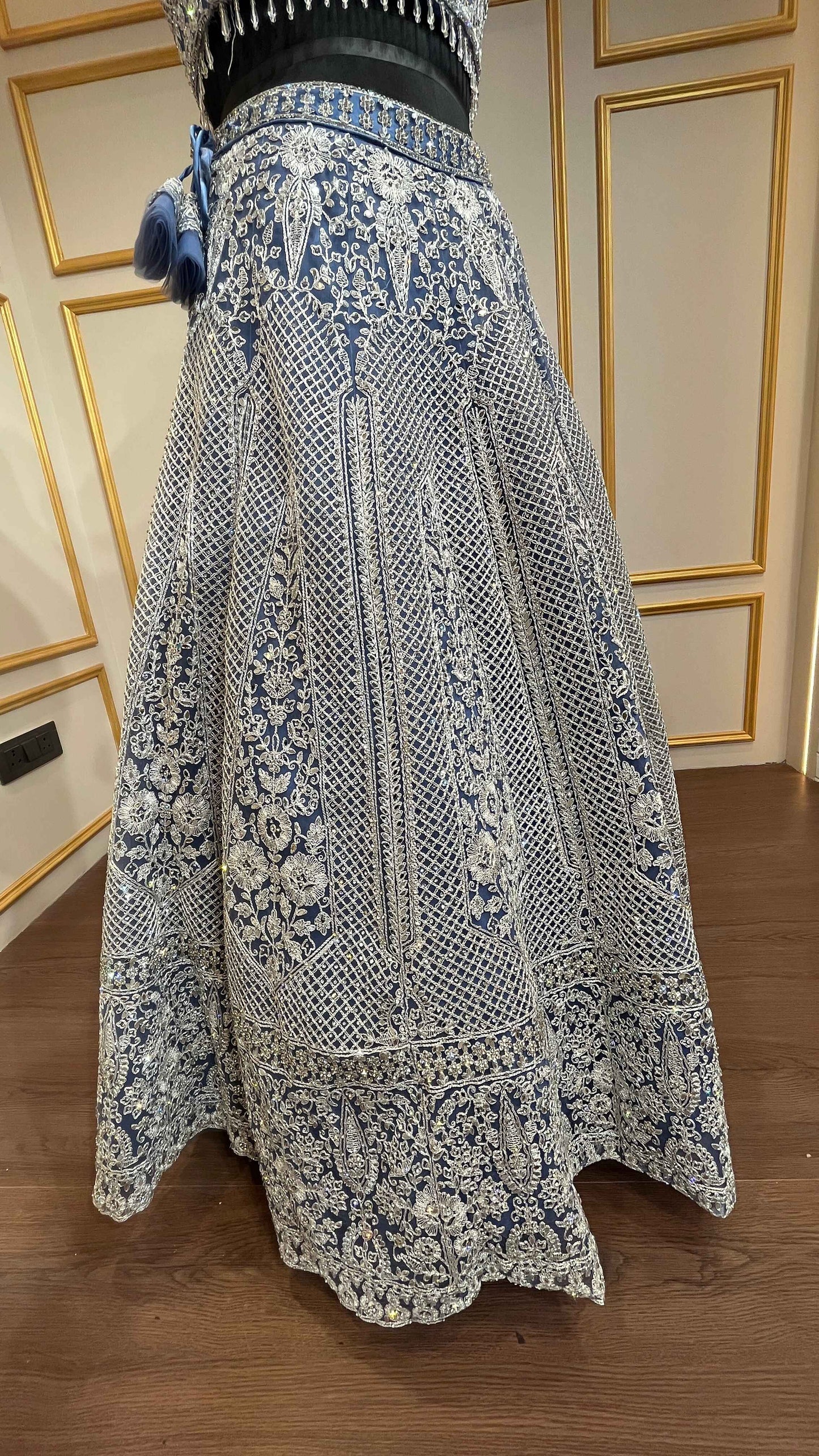 Powder blue lehenga choli in net with thread & zarkan