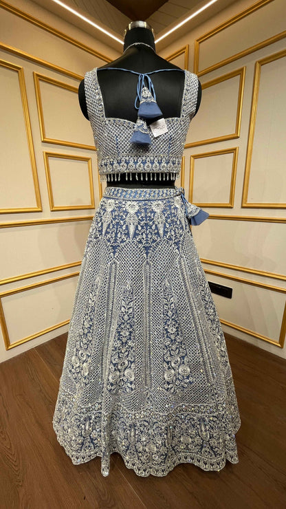 Powder blue lehenga choli in net with thread & zarkan