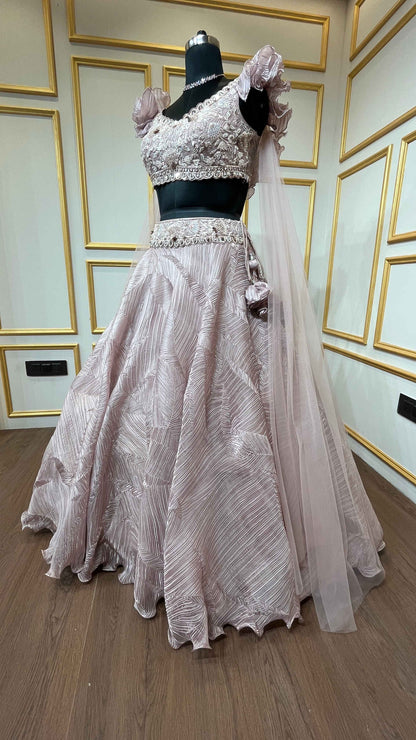 Baby pink lehenga choli in crush tissue with sequins & stone