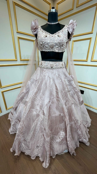 Baby pink lehenga choli in crush tissue with sequins & stone