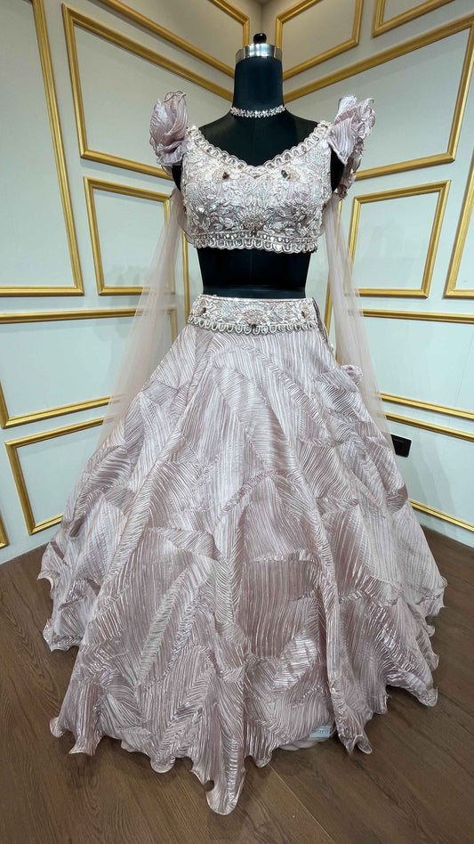 Baby pink lehenga choli in crush tissue with sequins & stone