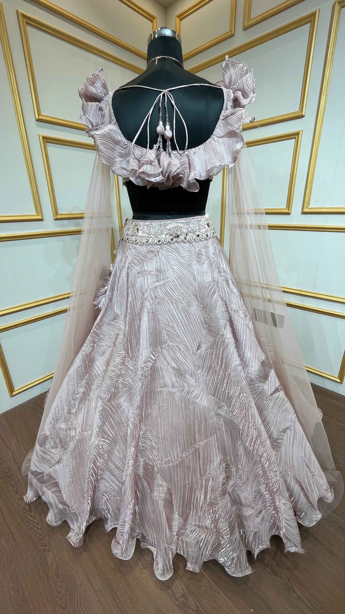 Baby pink lehenga choli in crush tissue with sequins & stone