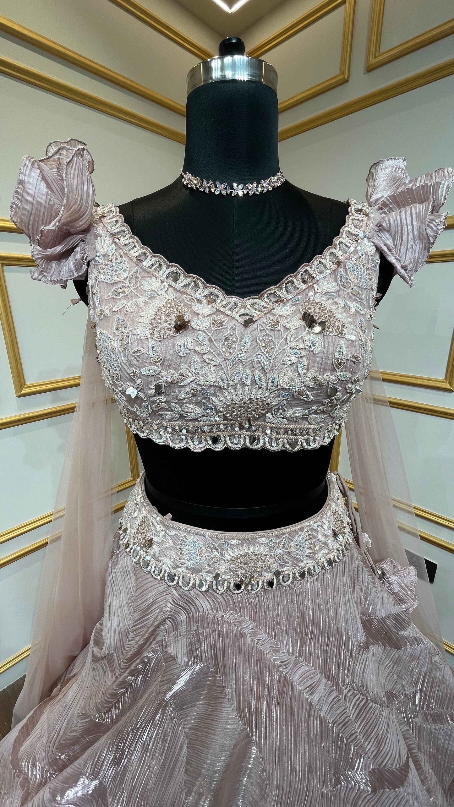 Baby pink lehenga choli in crush tissue with sequins & stone
