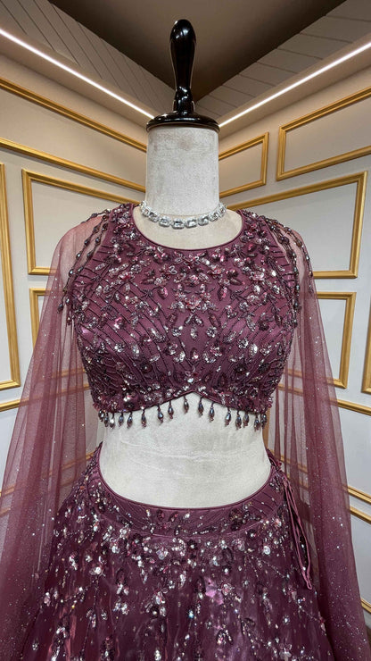 Wine lehenga choli in organza with stone & pearl