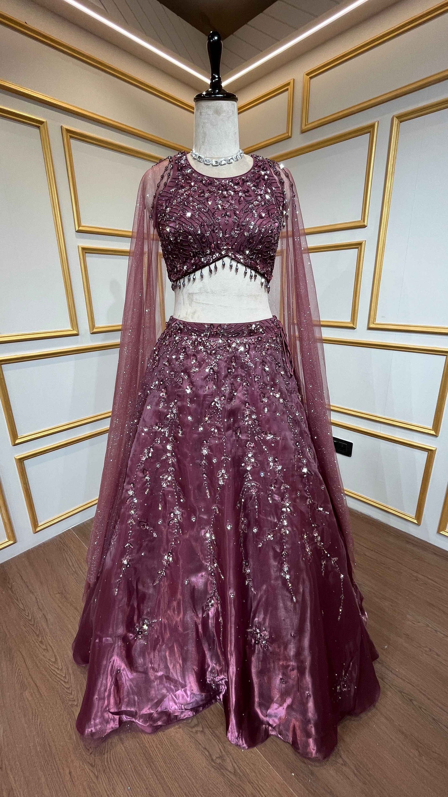 Wine lehenga choli in organza with stone & pearl