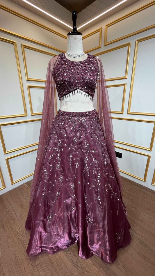 Wine lehenga choli in organza with stone & pearl