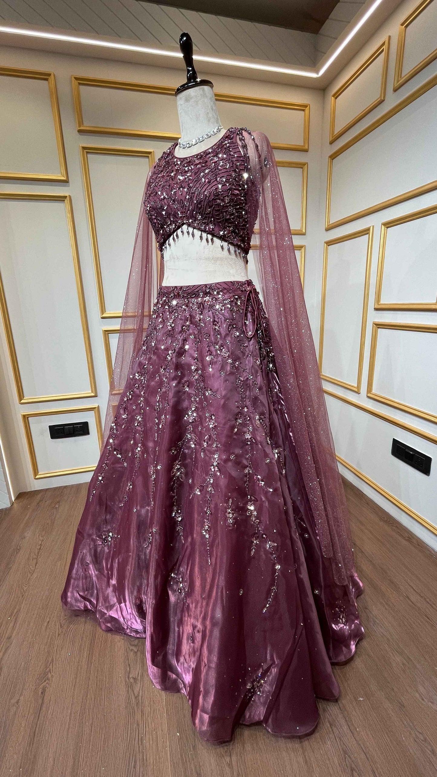 Wine lehenga choli in organza with stone & pearl
