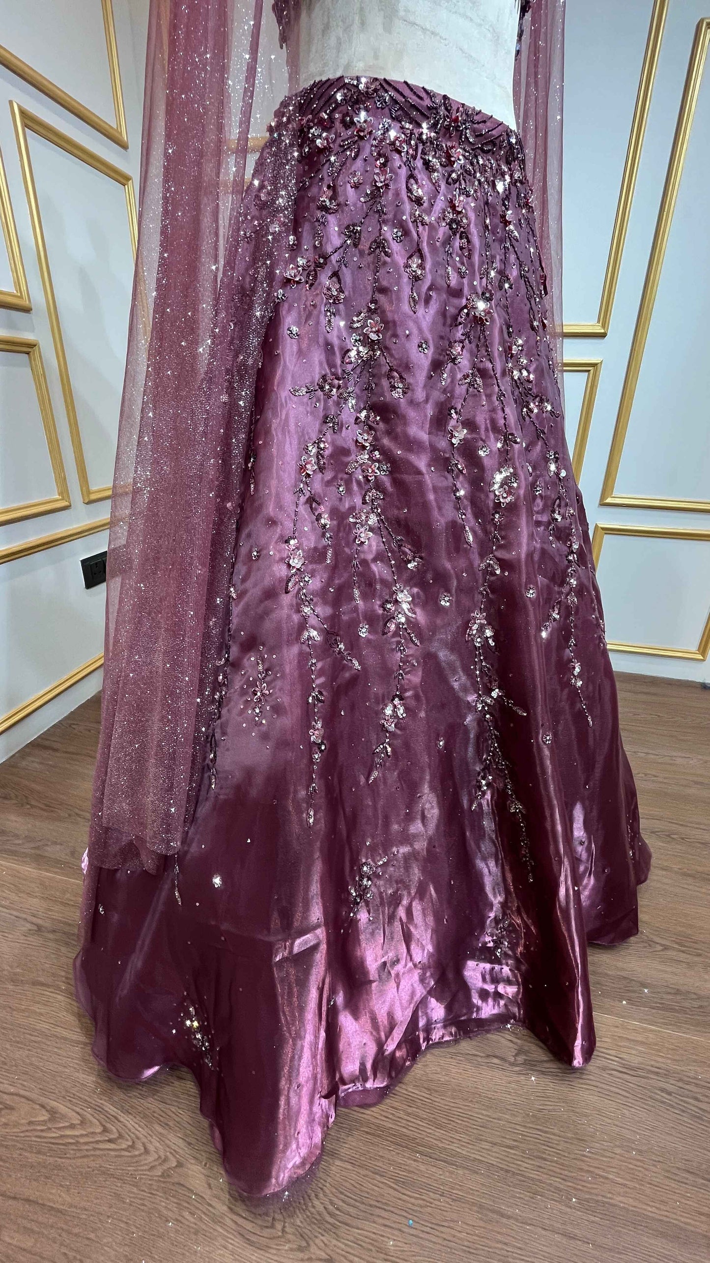 Wine lehenga choli in organza with stone & pearl