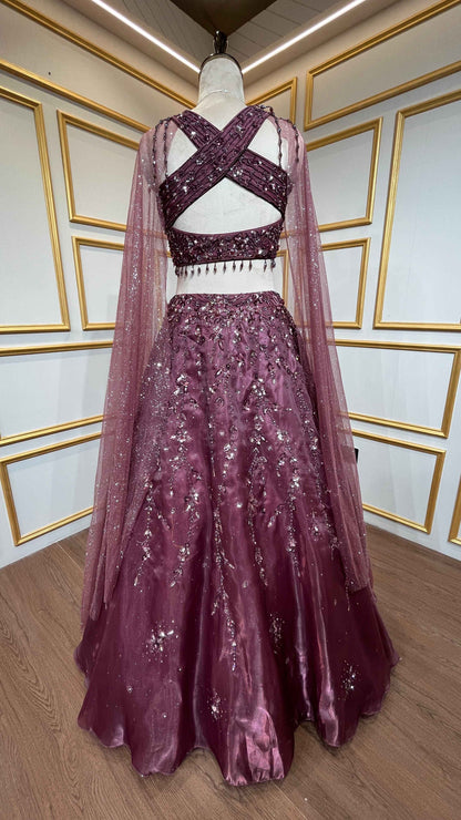 Wine lehenga choli in organza with stone & pearl