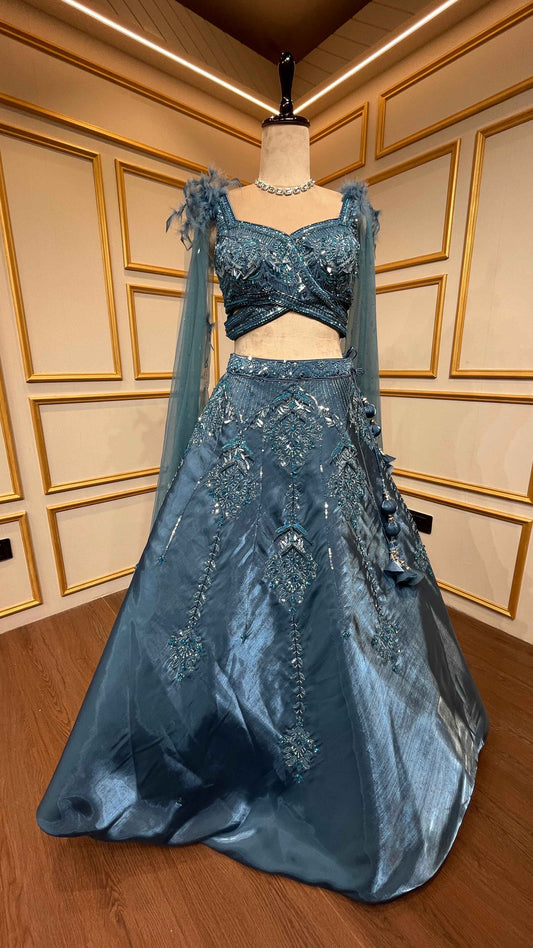 Metallic blue organza tissue lehenga choli with sequins & zarkan