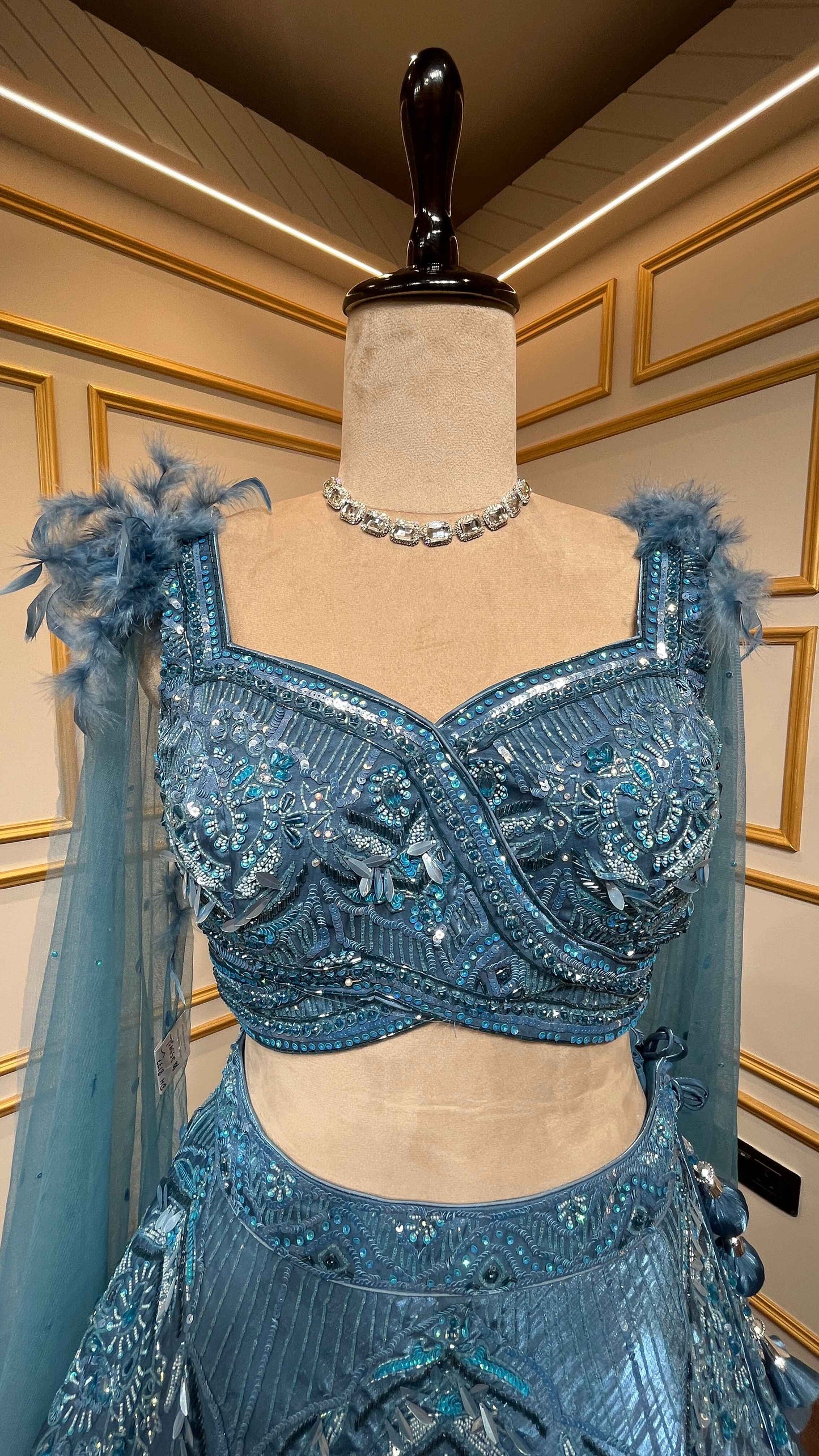 Metallic blue organza tissue lehenga choli with sequins & zarkan
