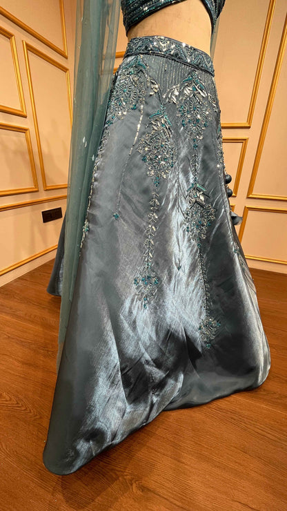 Metallic blue organza tissue lehenga choli with sequins & zarkan
