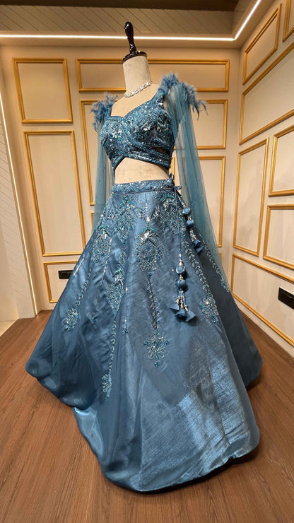 Metallic blue organza tissue lehenga choli with sequins & zarkan