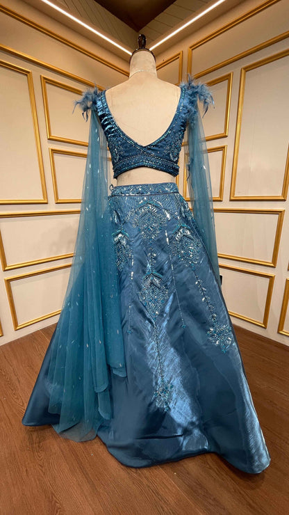 Metallic blue organza tissue lehenga choli with sequins & zarkan