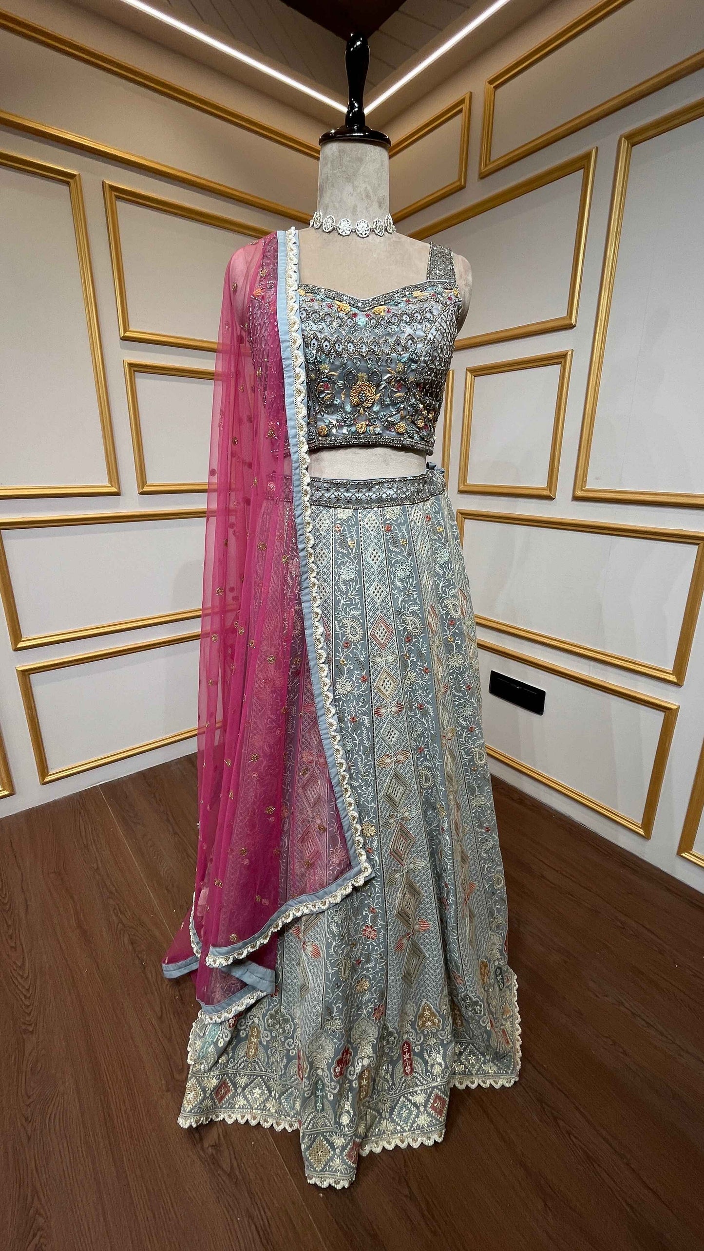 Light blue grey lehenga choli with thread & mirror in georgette