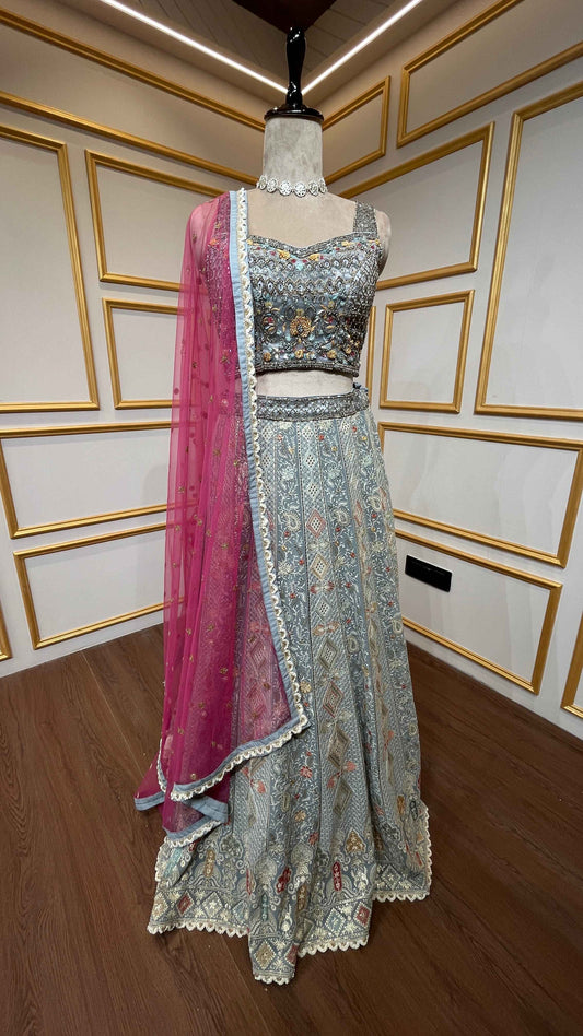 Light blue grey lehenga choli with thread & mirror in georgette
