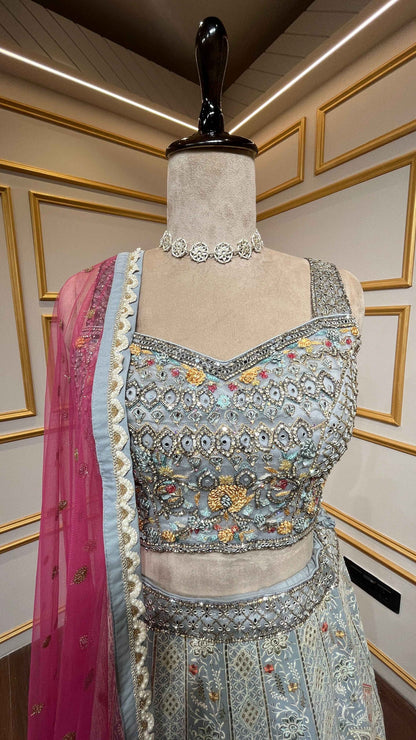 Light blue grey lehenga choli with thread & mirror in georgette
