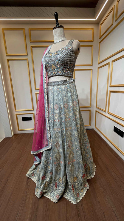Light blue grey lehenga choli with thread & mirror in georgette