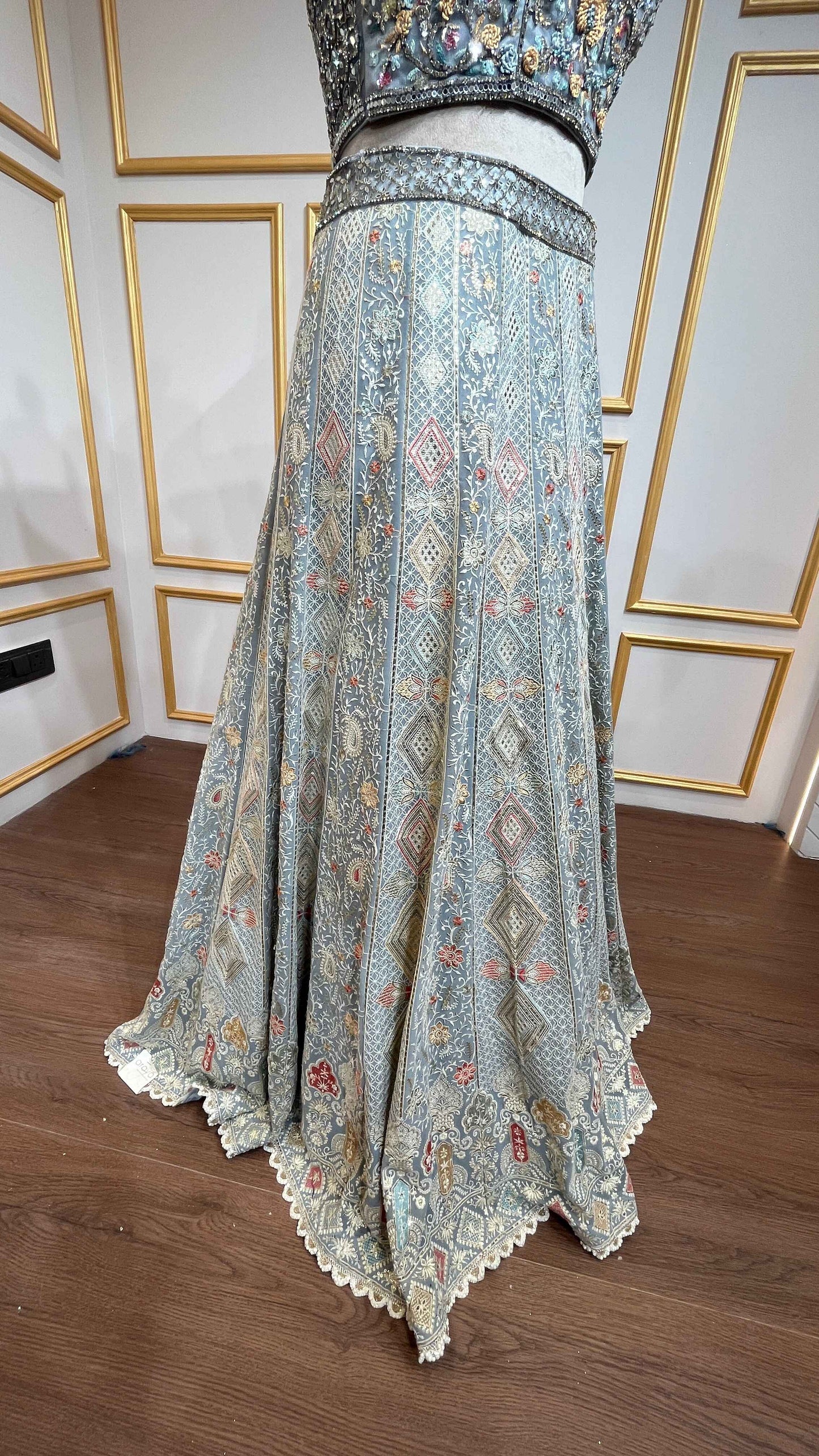 Light blue grey lehenga choli with thread & mirror in georgette