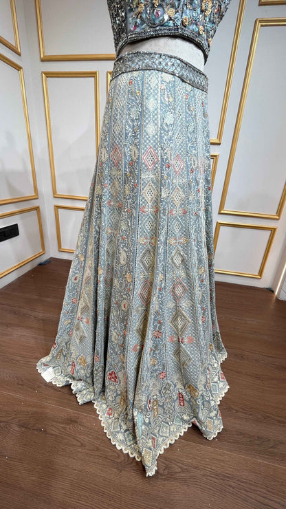 Light blue grey lehenga choli with thread & mirror in georgette