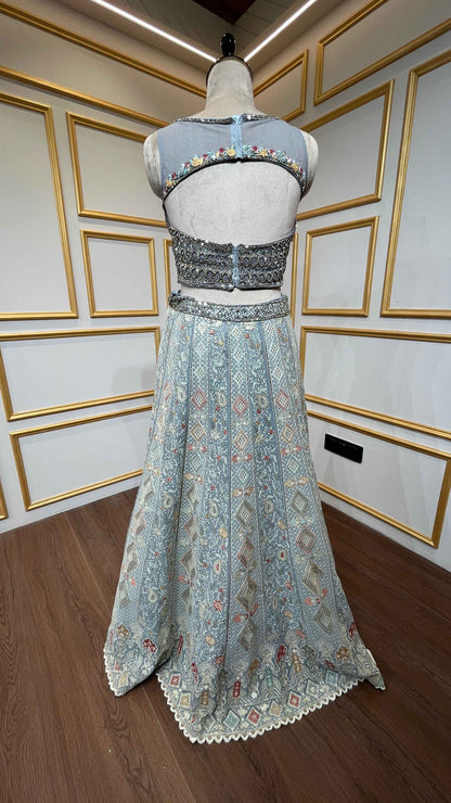 Light blue grey lehenga choli with thread & mirror in georgette
