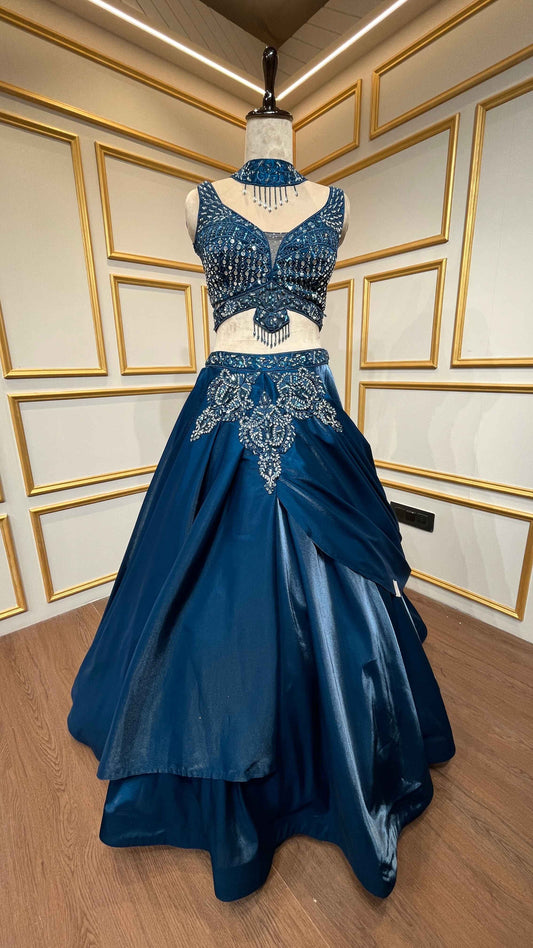 Peacock blue lehenga choli in organza with stone & mirror