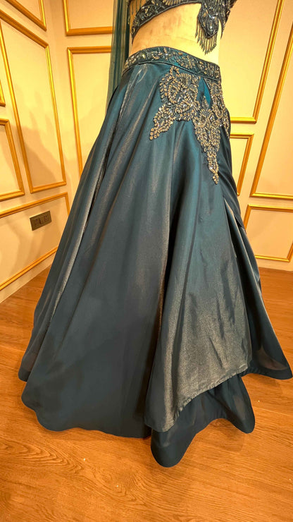 Peacock blue lehenga choli in organza with stone & mirror