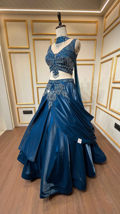 Peacock blue lehenga choli in organza with stone & mirror