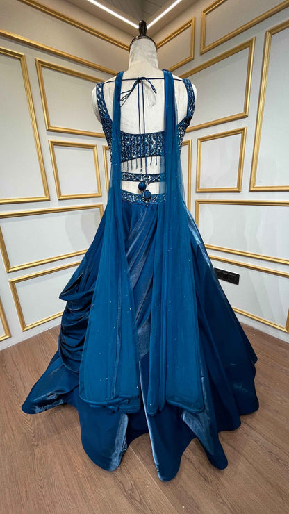 Peacock blue lehenga choli in organza with stone & mirror