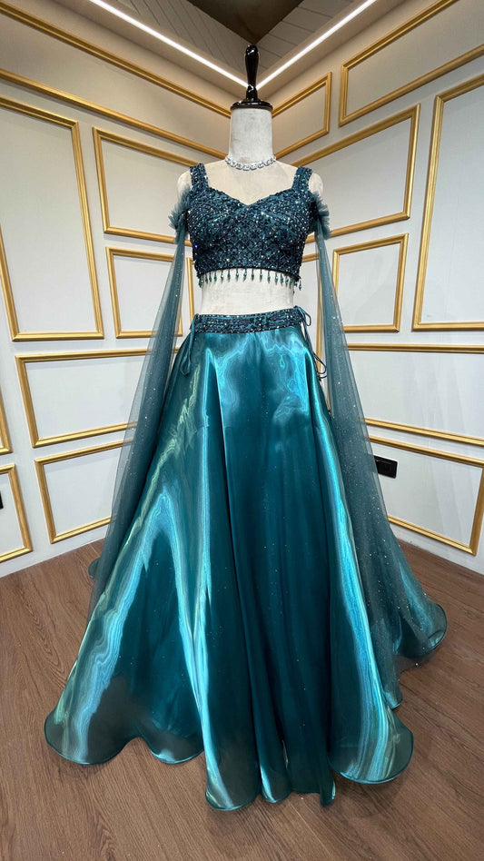 Bottle green organza lehenga choli with crystal & sequins