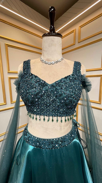 Bottle green organza lehenga choli with crystal & sequins
