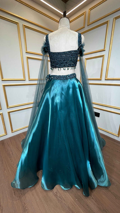Bottle green organza lehenga choli with crystal & sequins