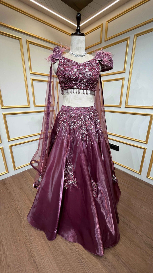 Maroon lehenga choli in organza with sequins & stone