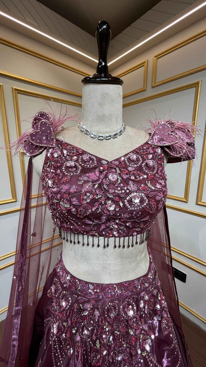 Maroon lehenga choli in organza with sequins & stone