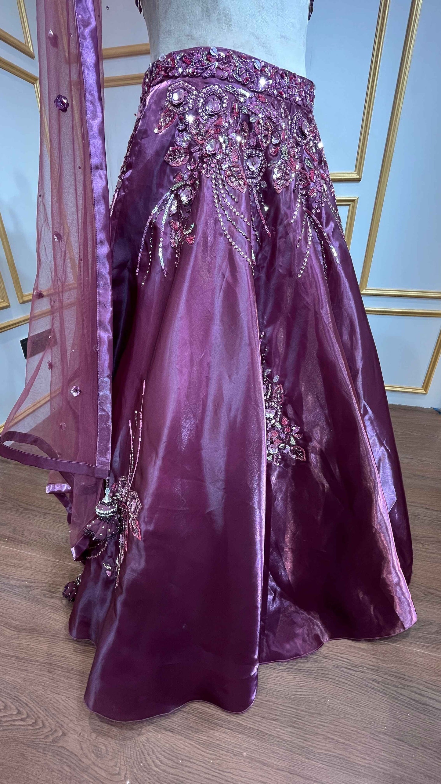 Maroon lehenga choli in organza with sequins & stone