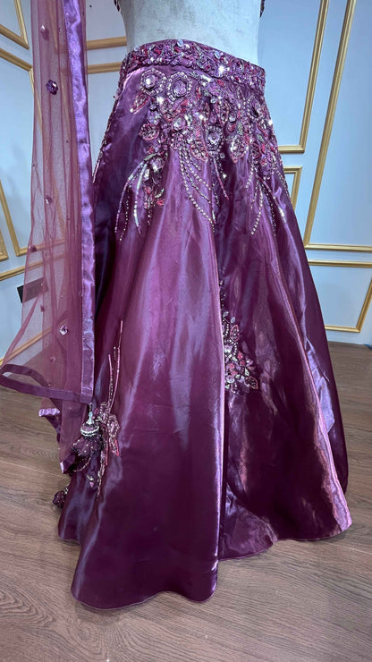 Maroon lehenga choli in organza with sequins & stone