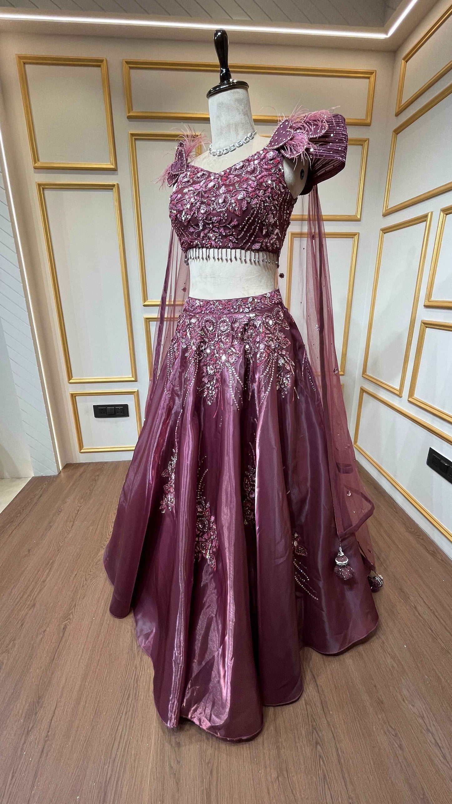 Maroon lehenga choli in organza with sequins & stone