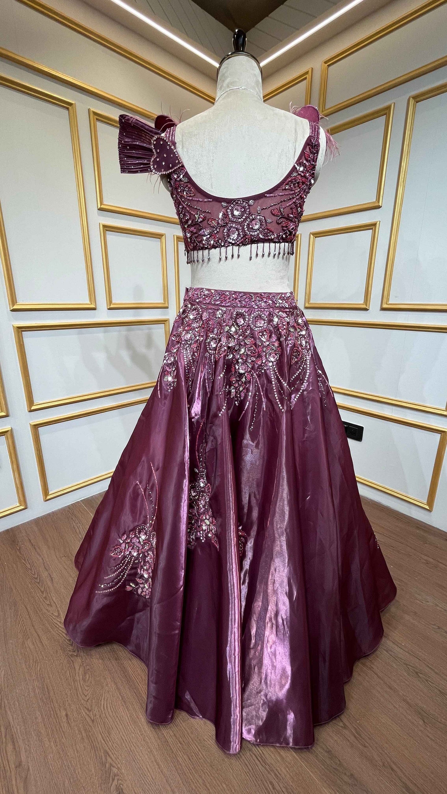Maroon lehenga choli in organza with sequins & stone