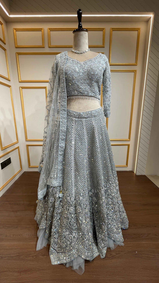 Zarkan & thread work lehenga on net in ash grey