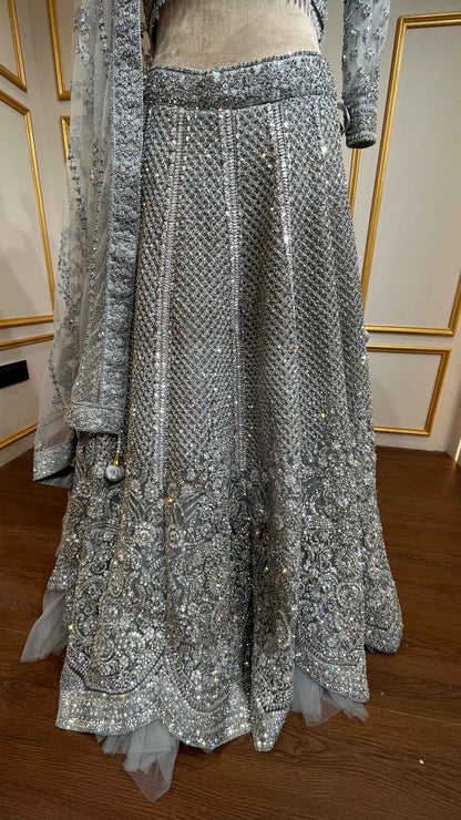 Zarkan & thread work lehenga on net in ash grey