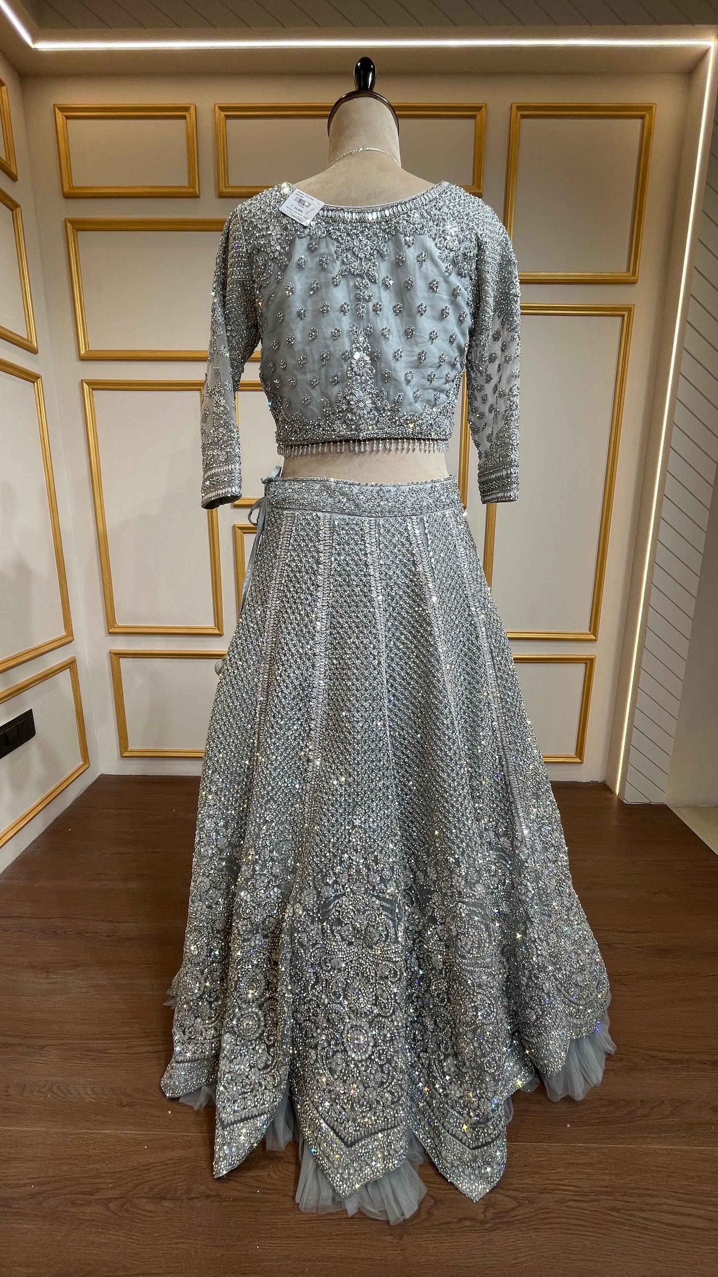 Zarkan & thread work lehenga on net in ash grey